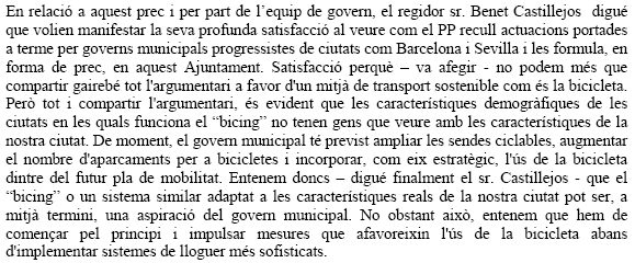Resposta del Govern Municipal de l'Ajuntament de Gav&agrave; a la demanda del PPC de Gav&agrave; perqu&egrave; el BICING arribi a Gav&agrave; (27 de setembre de 2007)